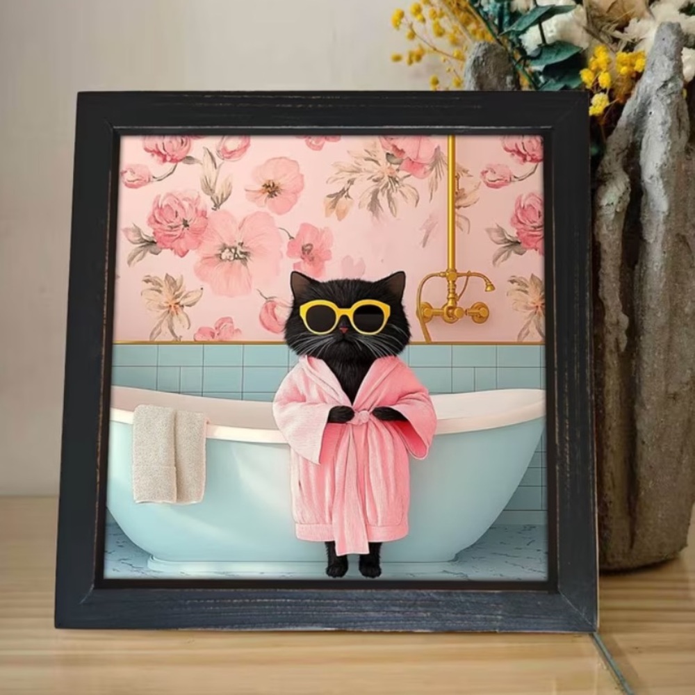 Framed Wooden Black Cat Art in Pink Robe with Bathtub Wall Decor 8x8” NWT